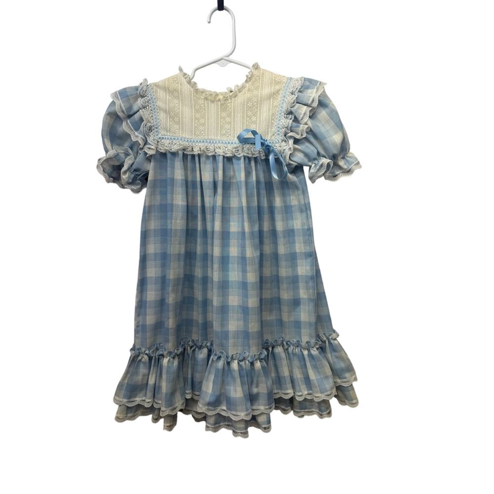 Bryan 90s Vintage plaid baby blue Sailor Neck Heirloom Dress ruffle and lace